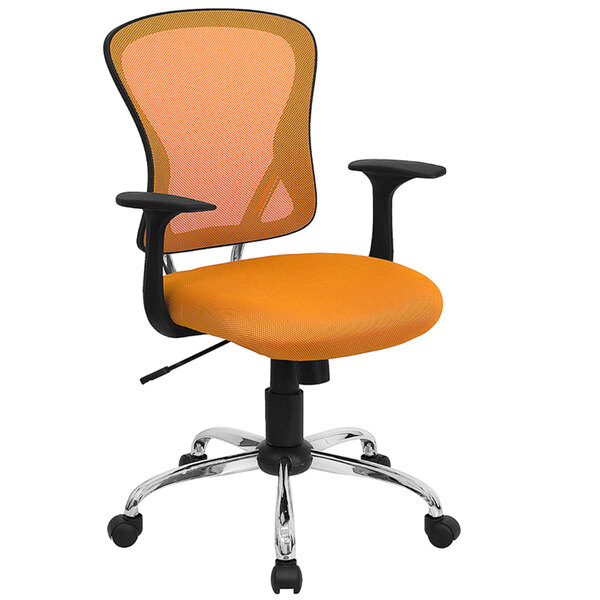 An orange and black Flash Furniture mid-back office chair with chrome base.