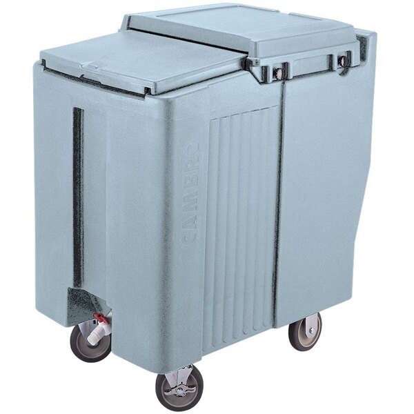 A large grey Cambro mobile ice bin with wheels.