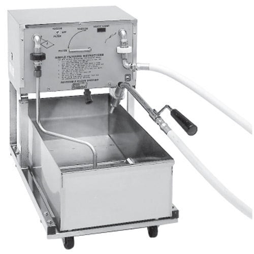 A Pitco fryer oil filtration machine with a metal container.