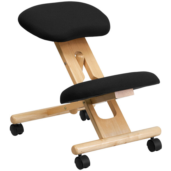 A black Flash Furniture office stool with wheels and a black cushion on a wooden frame.