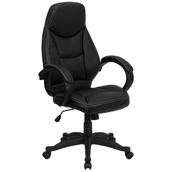 A Flash Furniture high-back black leather office chair with arms.