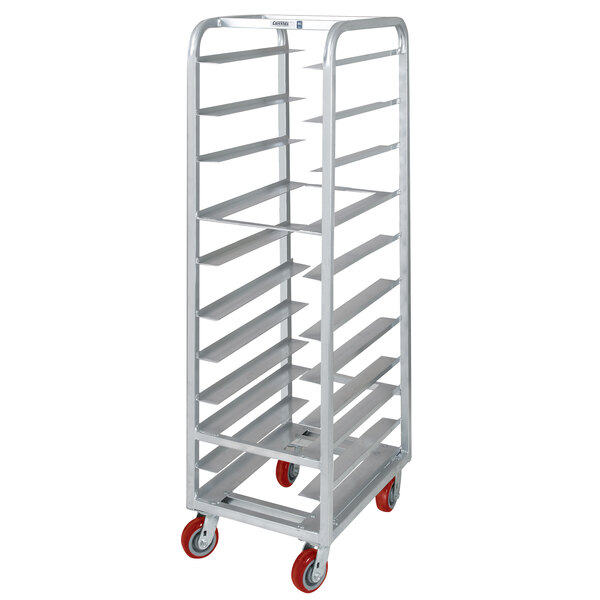 A white metal rack with red wheels holding 11 sheet pans.