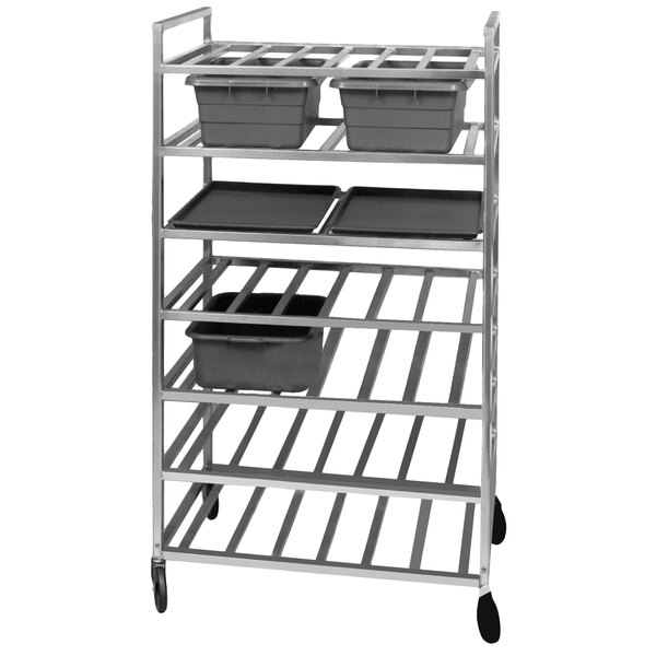 A Channel heavy-duty metal rack with aluminum trays on it.