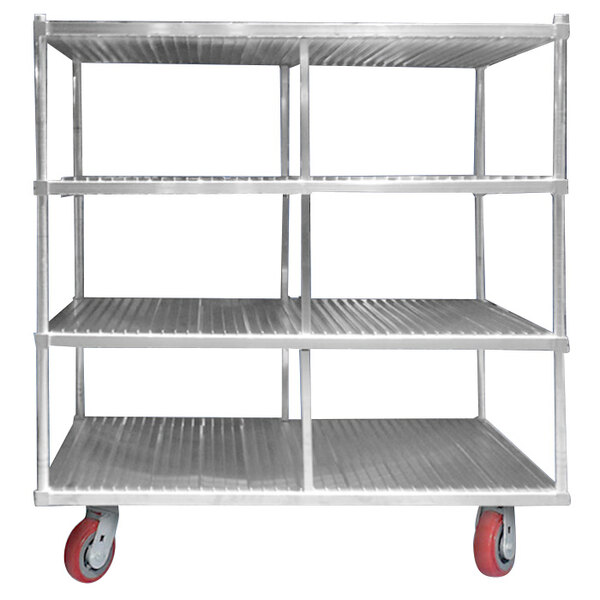 A silver heavy-duty aluminum drying rack with red wheels.