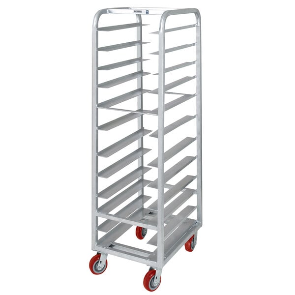 A white metal Channel steam table rack with red wheels.