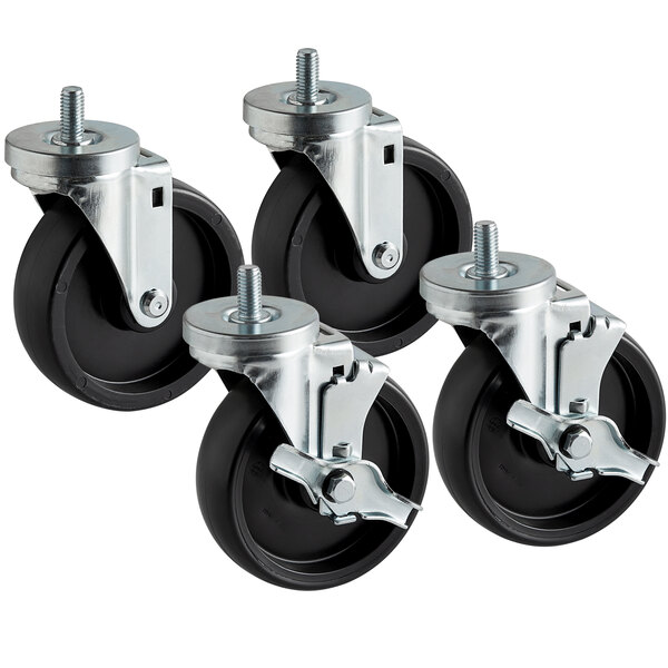 A set of four Beverage-Air stem casters with black rubber wheels.