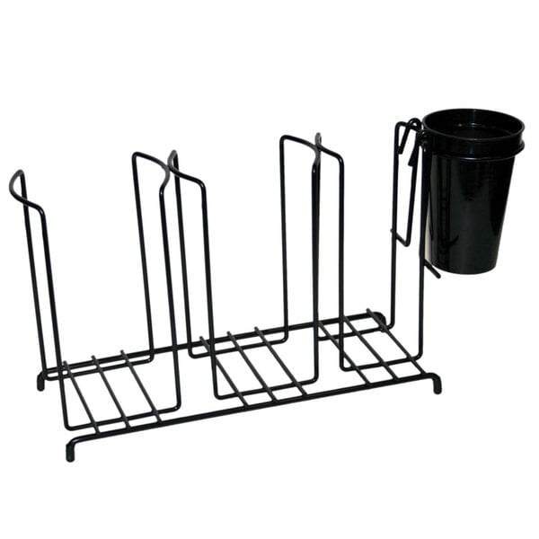 A black metal San Jamar 3 stack cup and lid wire organizer on a counter.