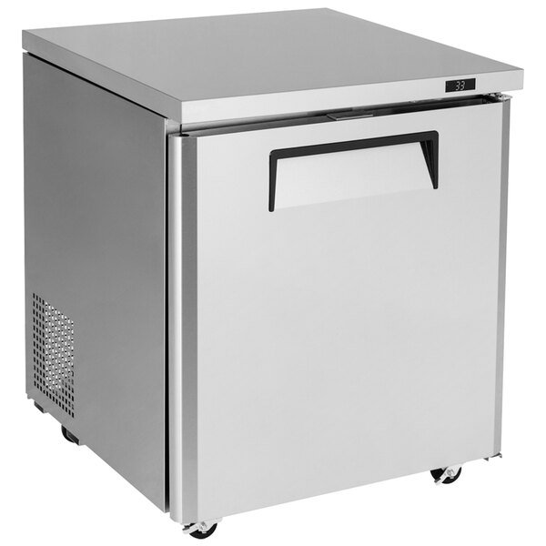 A silver Turbo Air M3 Series undercounter refrigerator with a black handle.