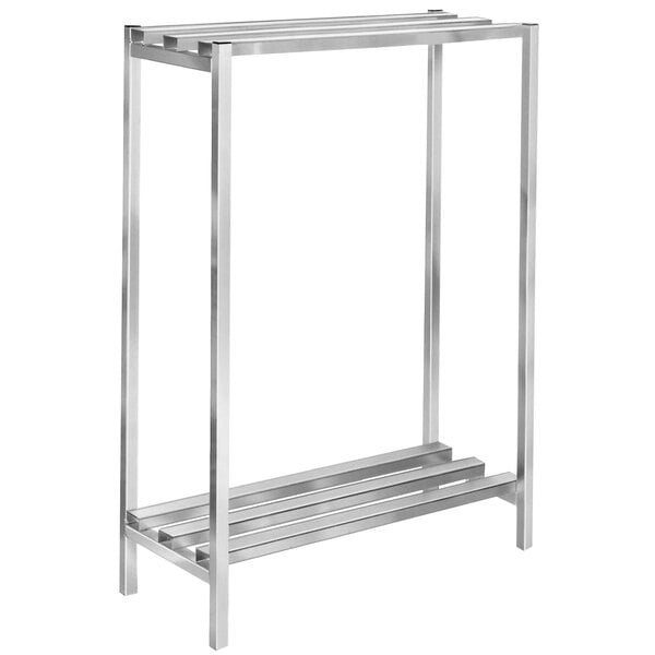 A Channel aluminum dunnage shelving unit with two shelves on four legs.