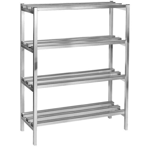 An aluminum Channel dunnage shelving unit with four shelves.