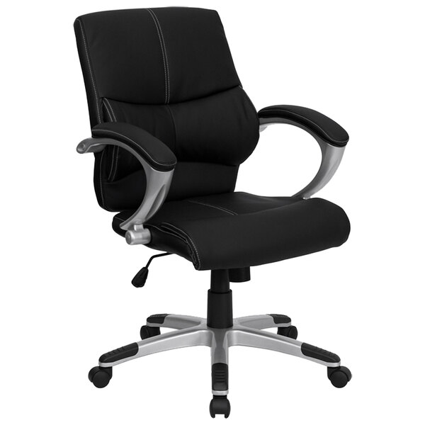 Flash Furniture H-9637L-2-MID-GG Mid-Back Black Leather Contemporary Manager's Office Chair with Padded Arms