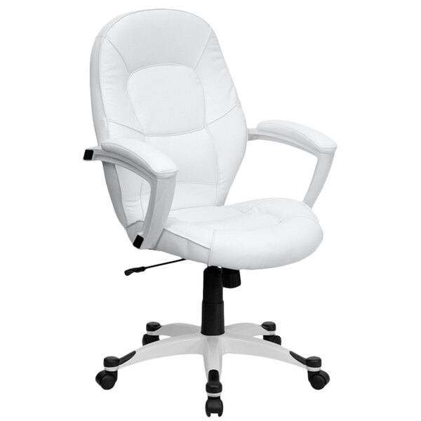 Flash Furniture QD-5058M-WHITE-GG Mid-Back White Leather Executive Office Chair with Padded Arms and Nylon Base