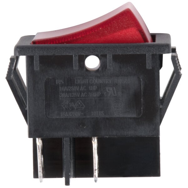 An Avantco red On / Off rocker switch with a black plastic cover.