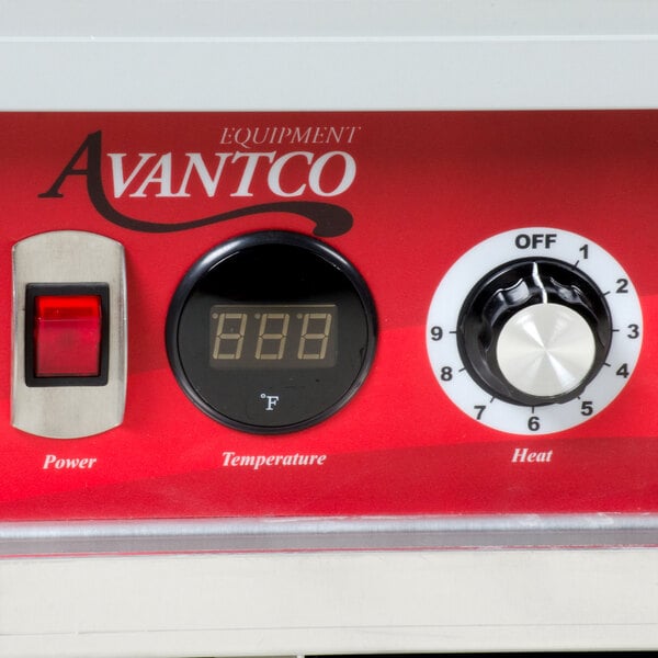 An Avantco red and black On / Off rocker switch.