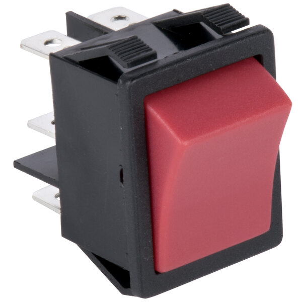 A red and black Avantco heating/proofing rocker switch with a black plastic cover over the red switch.