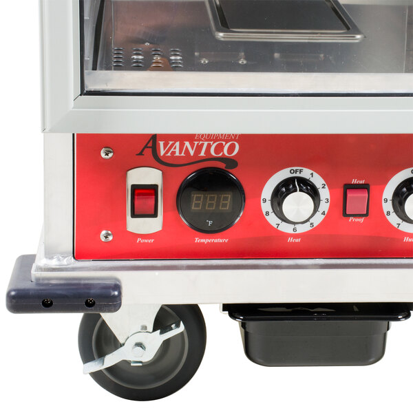 An Avantco Bumper with a red and white handle on a holding cabinet.