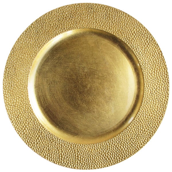 A close up of a Charge It by Jay gold pebbled plastic charger plate with a circular design.