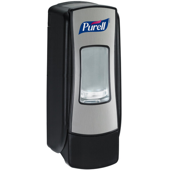 A black and brushed chrome Purell ADX-7 hand sanitizer dispenser.
