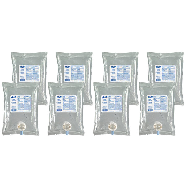 A group of plastic bags with blue labels containing Purell hand sanitizer.