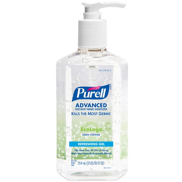 A case of 12 Purell Advanced Green Certified hand sanitizer bottles on a counter.