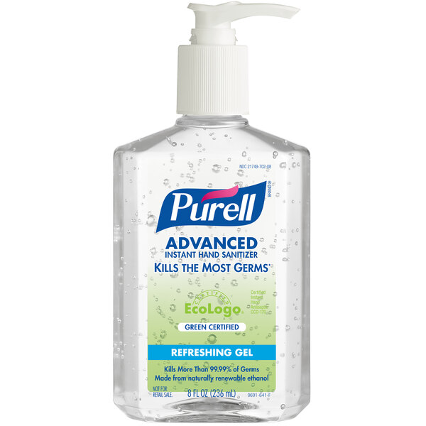 A case of 12 Purell Advanced Green Certified hand sanitizer gel bottles on a counter.
