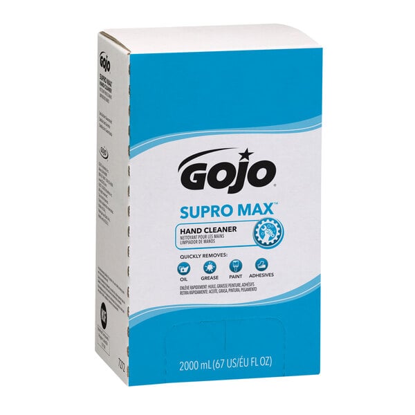 A white box with blue and black text of GOJO Supro Max Hand Cleaner.
