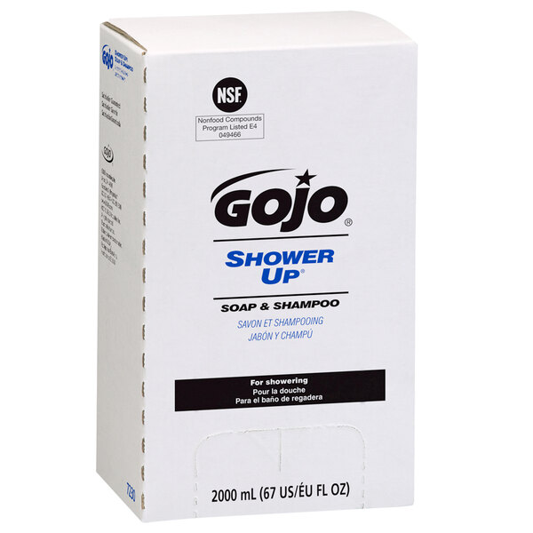 A white box with black and blue text reading "GOJO TDX Shower Up Soap & Shampoo"