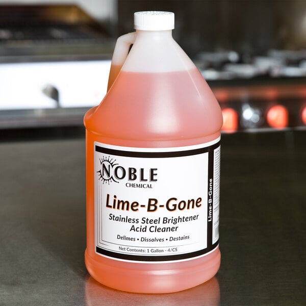 A Noble Chemical Lime-B-Gone delimer in a gallon bottle with a label.