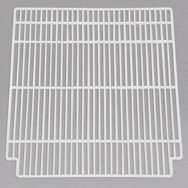 A white polyethylene-coated wire shelf with a grid pattern.