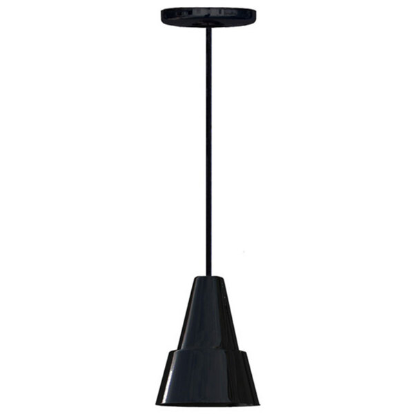 A black ceiling mount heat lamp with a long black pole and a light on it.
