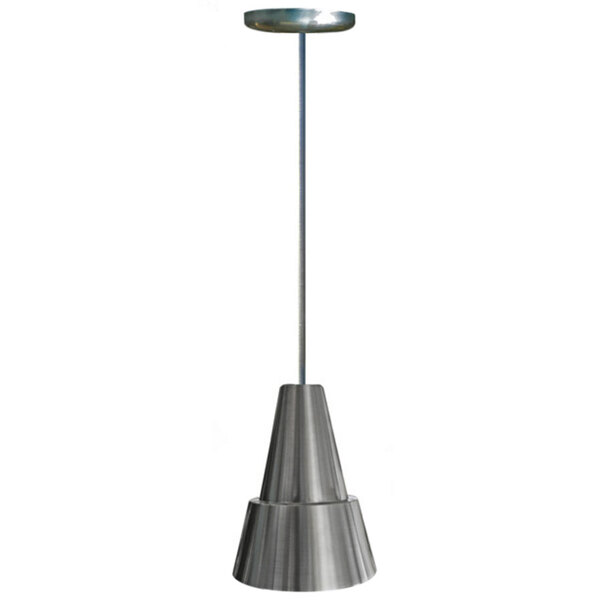 A Hanson Heat Lamps stainless steel hanging heat lamp with a metal cone shade.