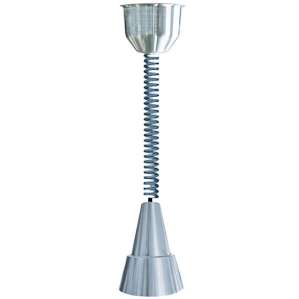 A Hanson Heat Lamps retractable cord ceiling mount on a metal cup with a blue coil spring.