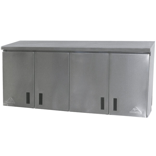 A stainless steel Advance Tabco wall cabinet with hinged doors.