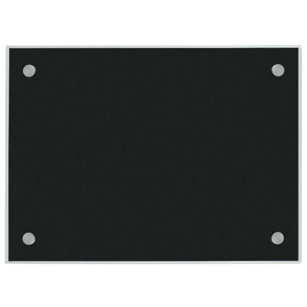 A black rectangular glass sign with silver metal rivets.