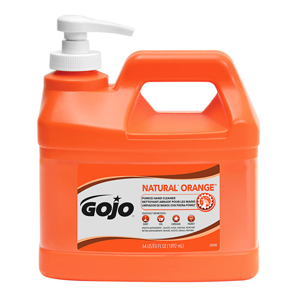 A plastic bottle of GOJO natural orange liquid hand soap.