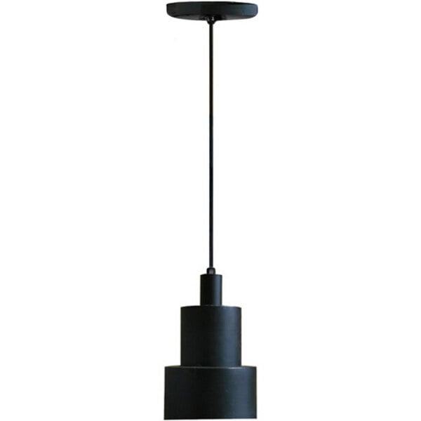 A black heat lamp fixture with a long pole and black metal shade.