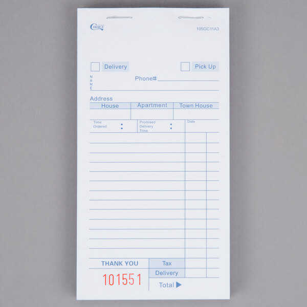 Choice 3 Part White Carbonless Order Delivery Form - 10/Pack