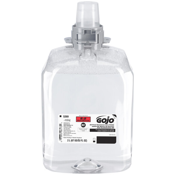 A clear plastic bottle of GOJO fragrance free hand soap with a grey cap and a white label.