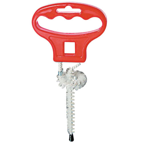 A close-up of a red and white plastic Micro Matic beer coupler brush.