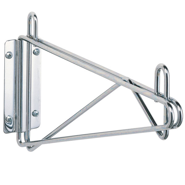 A Metro Super Erecta chrome steel wall mount shelf bracket with two hooks.