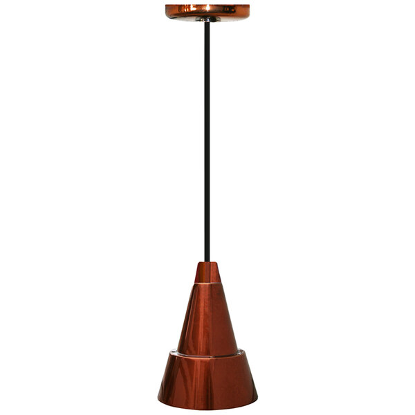 A Hanson Heat Lamps copper cone shaped ceiling mount heat lamp.