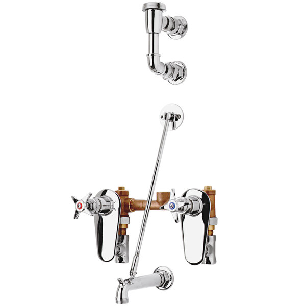 A chrome T&S mop sink faucet with two handles and an elevated vacuum breaker.