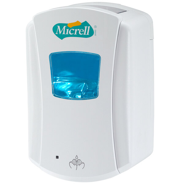 A white Micrell touchless soap dispenser with a blue window.