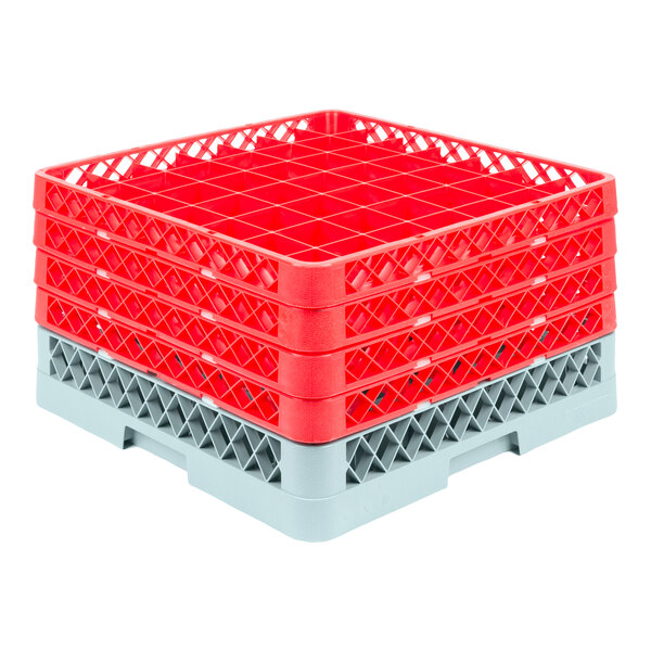 A gray full-size glass rack with 49 compartments and four red extenders.