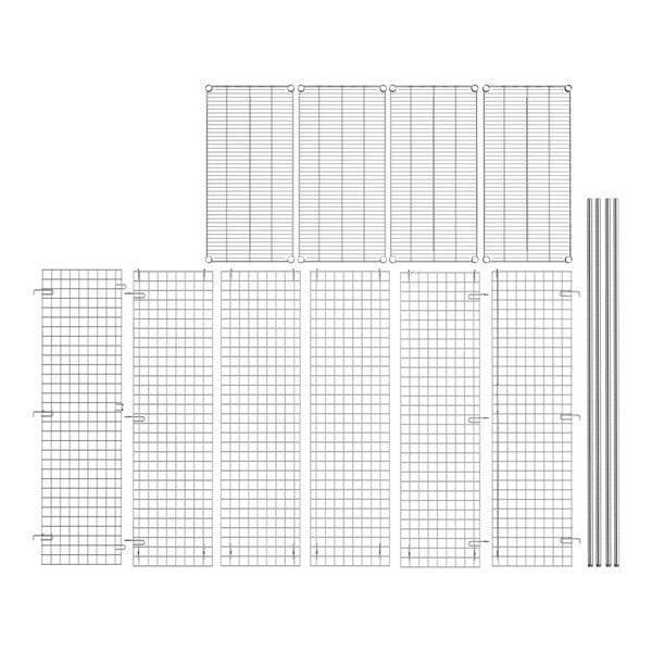 A drawing of a grid with wire mesh panels and rods.