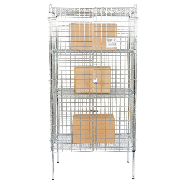 A Regency chrome wire security cage with boxes on it.