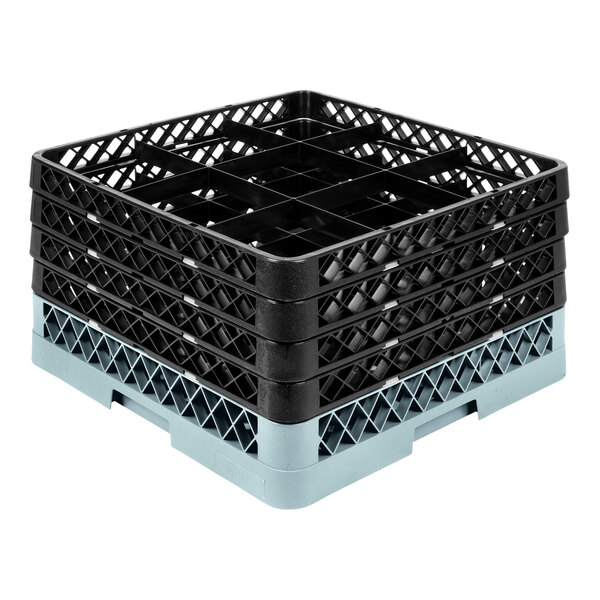 A gray full-size glass rack with four black extenders and nine compartments.