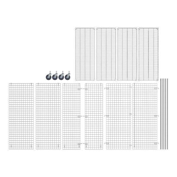 A white grid fence on wheels made of metal bars.