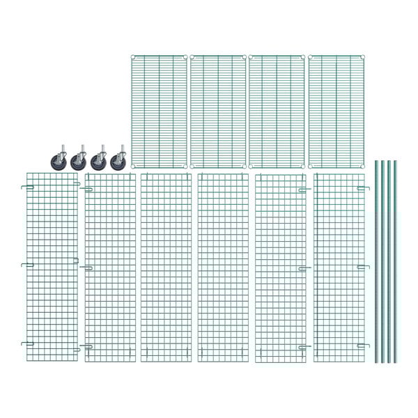 A Regency wire security cage kit with green wire mesh and wheels.