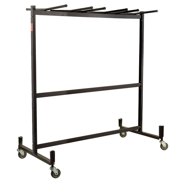 A black metal National Public Seating folding chair and table storage truck with wheels.
